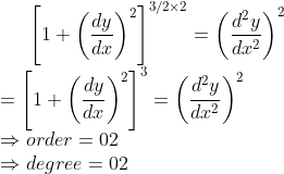 \left [1+ \left (\frac{dy}{dx} \right )^2 \right ]^{3/2 \times 2}=\left (\frac{d^2y}{dx^2} \right )^2\\ =\left [1+ \left (\frac{dy}{dx} \right )^2 \right ]^{3}=\left (\frac{d^2y}{dx^2} \right )^2 \\ \Rightarrow order=02\\ \Rightarrow degree=02\\